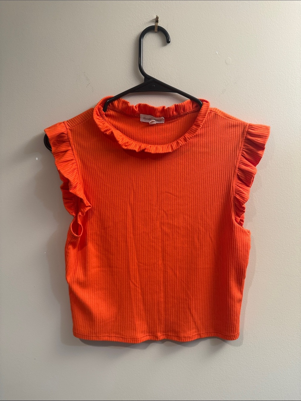 Moa Moa Bright Orange Ribbed Ruffle Sleeve Tank Top